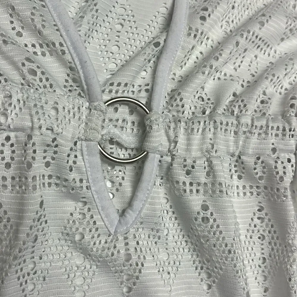 Tropical Escape White Eyelet Swim Plunging V-Neck Coverup w/Shirt Sleeves- 1X